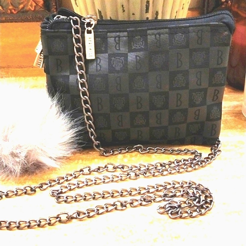 BORGHESE ROMA Crossbody Satin GEO w Shoulder Strap Chain & Faux Fur Pom Charm